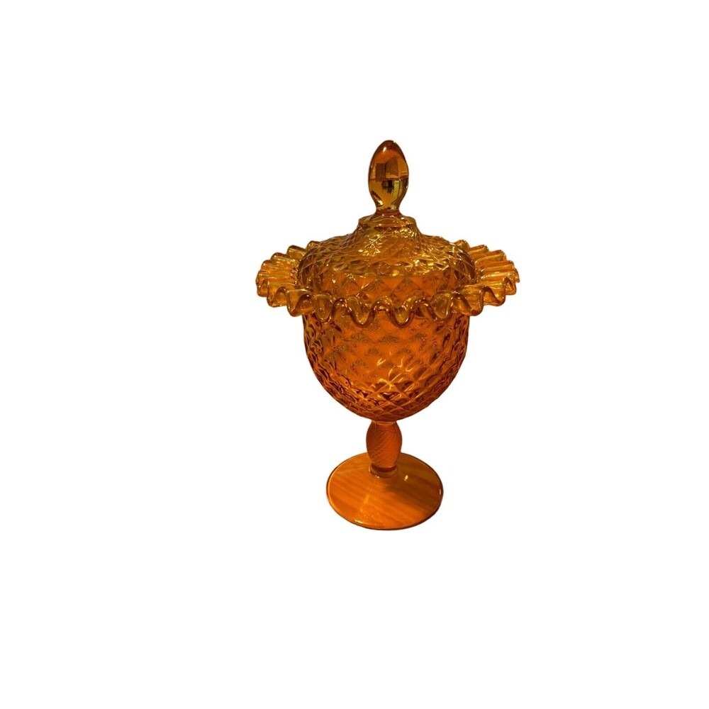 MCM AMBER PRESSED GLASS COVERED PEDESTAL PINEAPPLE COMPOTE DISH W/LID